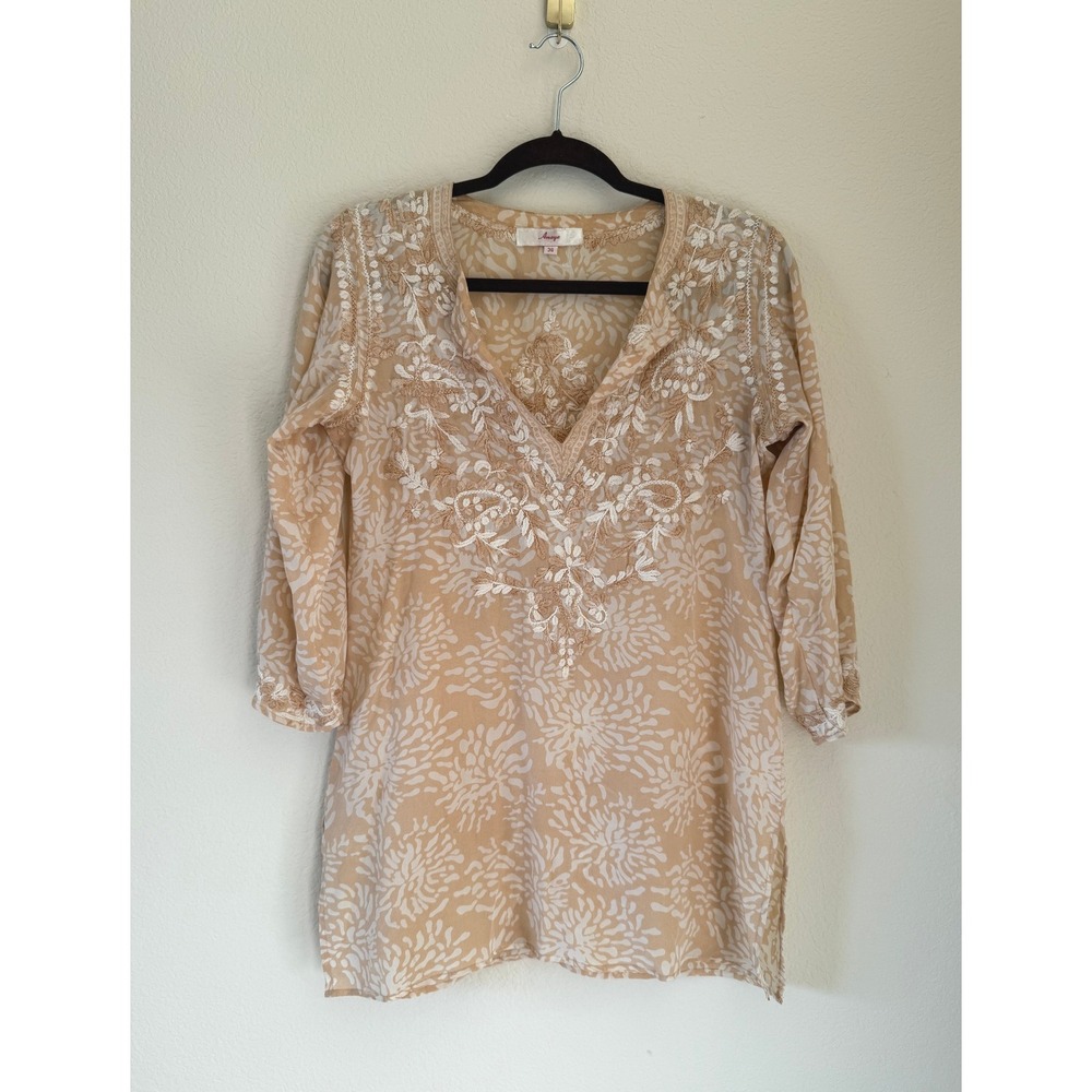 Amaya Textiles Women's Bohemian‎ Beige Embroidered Silk Tunic Size XS /36